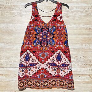 GB Dillards Orange Aztec Tank Dress Womens S Deep V Front and Back Lined